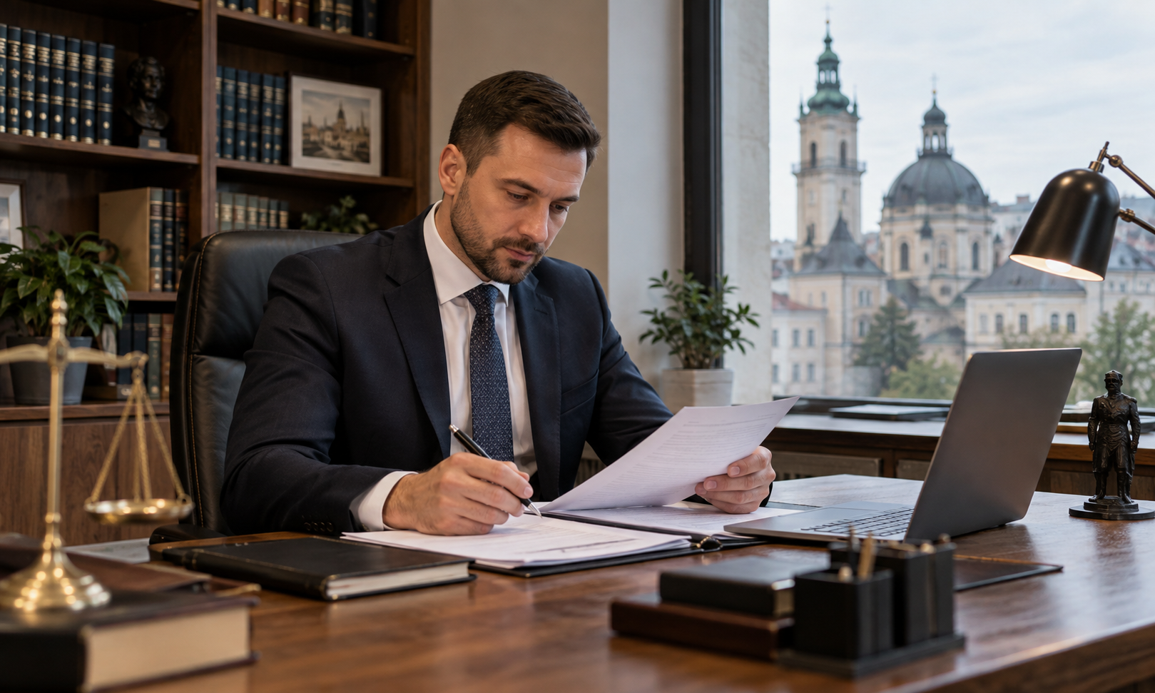 Приватний адвокат у Львові аналізує документи клієнта