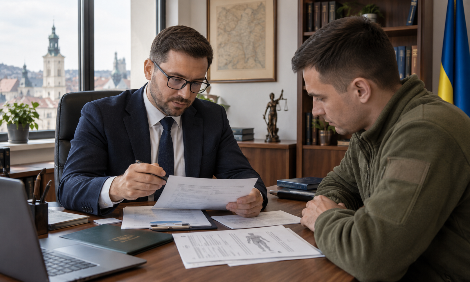 Адвокат із клієнтом переглядає військові та медичні документи