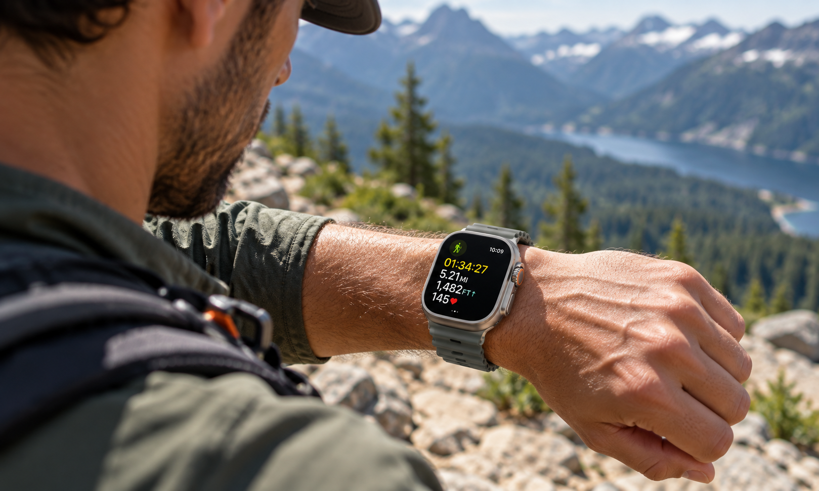 Спортсмен смотрит показатели тренировки на Apple Watch Ultra 4